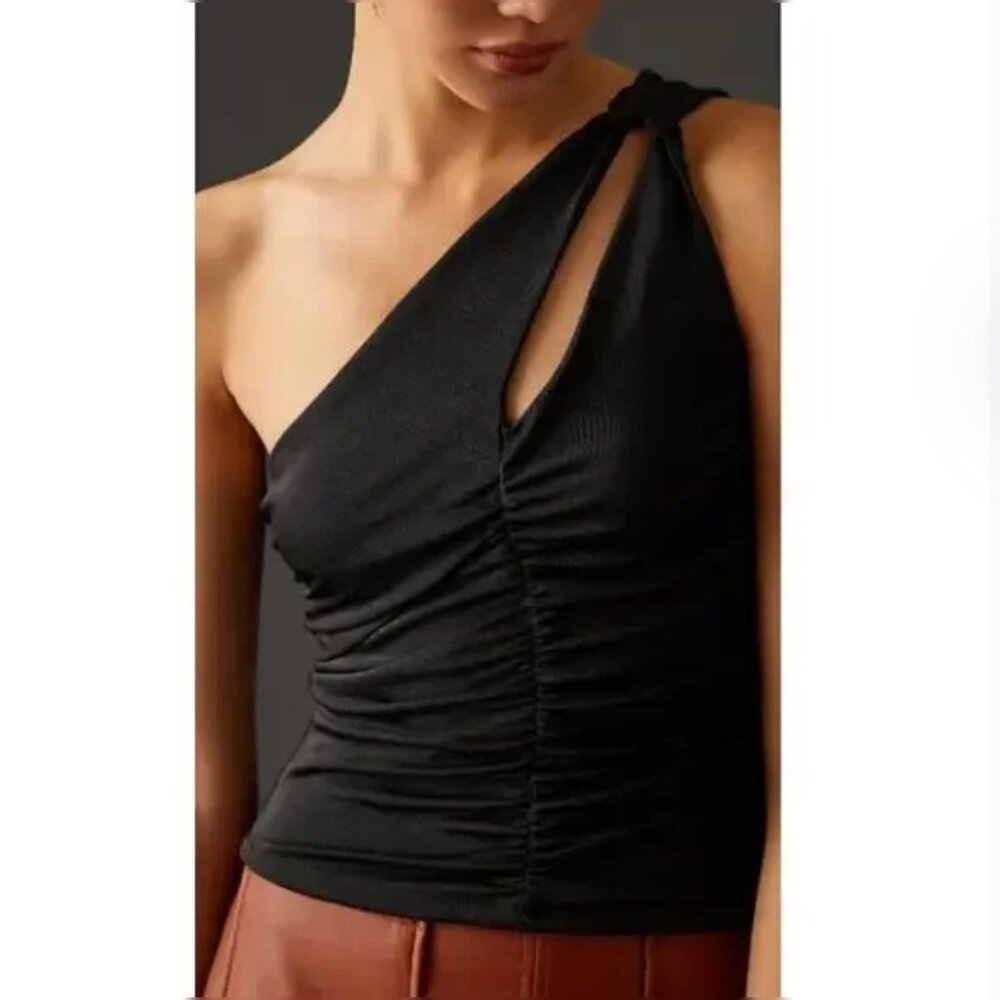 By Anthropologie Black One-Shoulder Ruched Fitted Tank Women's Medium